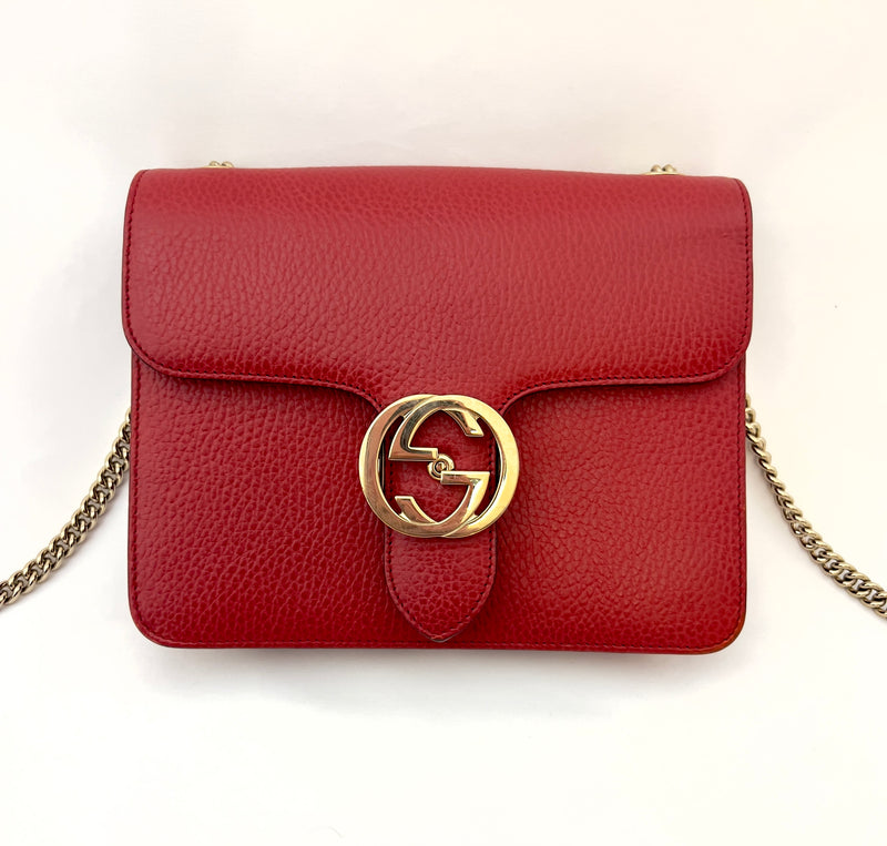 Gucci Interlocking G Calfskin Crossbody Small- Red