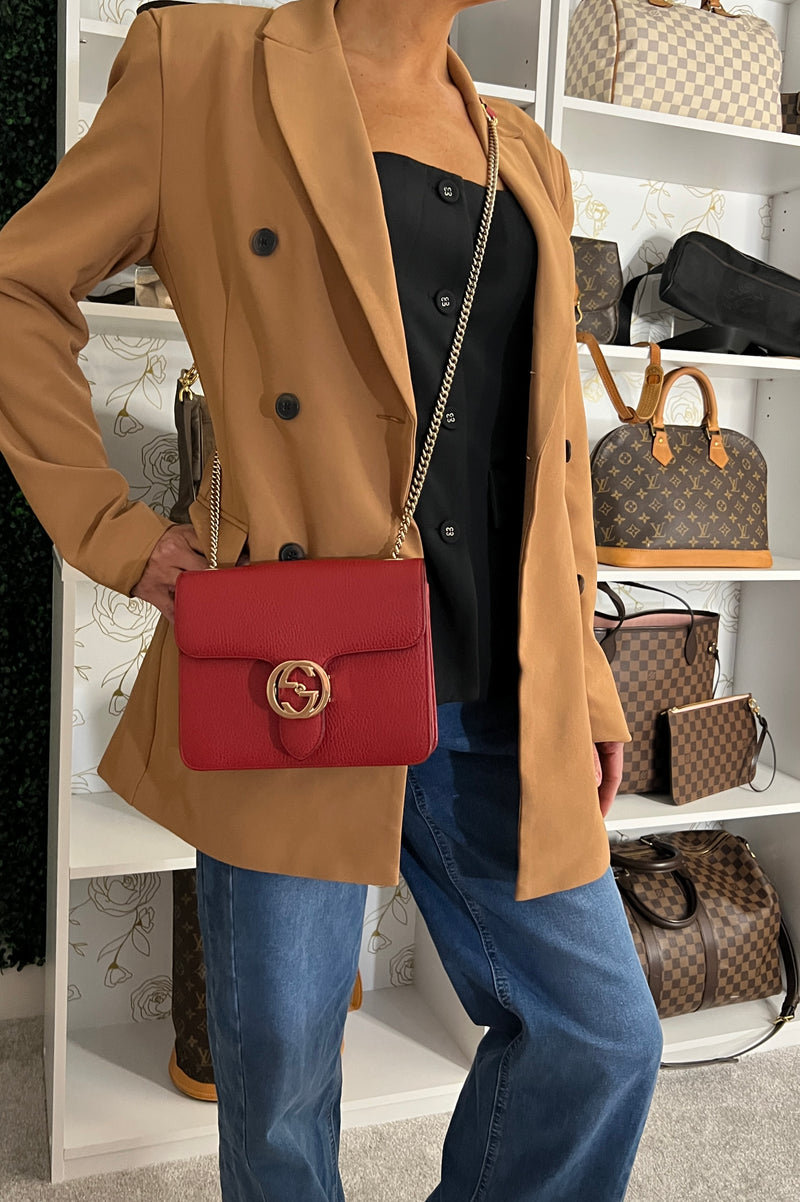 Gucci Interlocking G Calfskin Crossbody Small- Red