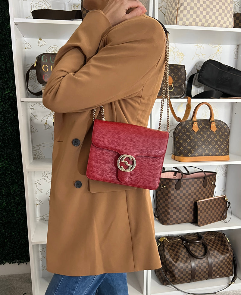 Gucci Interlocking G Calfskin Crossbody Small- Red